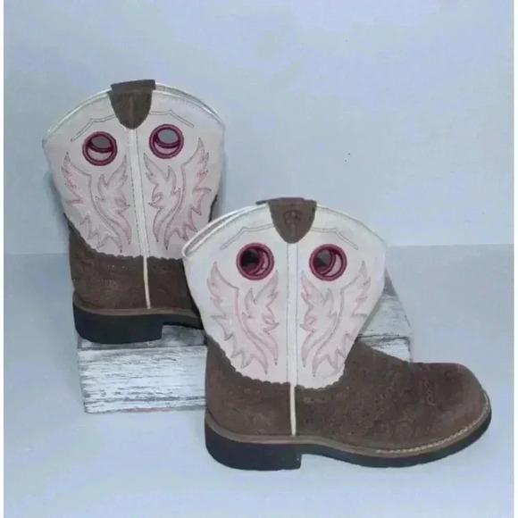 Ariat Cowgirl Boots Pink Brown Embroidered Leather Size 1.5 Teen Fatboy Style - Picture 5 of 11